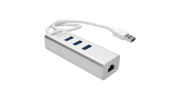 Tripp Lite Adaptador USB A Macho - RJ-45 Hembra, con Hub USB 3.0 de 3 Puertos, Plata CON HUB USB 3.0 DE 3 PUERTOS