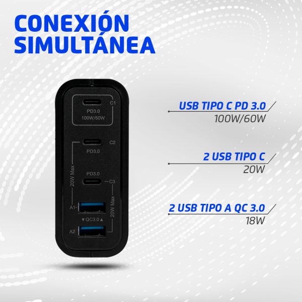 CARGADOR DE PARED VORAGO AU-600 TIPO C 100W PD 5 PUERTOS QUICK CHA - Image 2