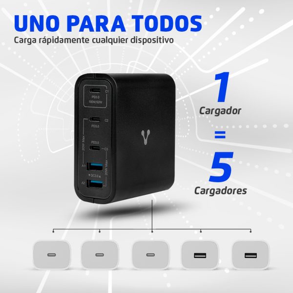 CARGADOR DE PARED VORAGO AU-600 TIPO C 100W PD 5 PUERTOS QUICK CHA - Image 3