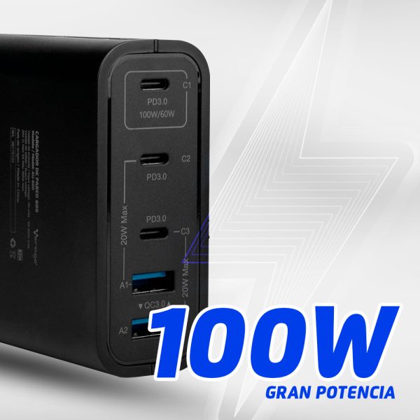 CARGADOR DE PARED VORAGO AU-600 TIPO C 100W PD 5 PUERTOS QUICK CHA - Image 4