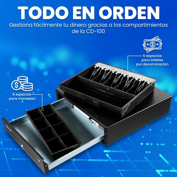 CAJON DE DINERO METAL VORAGO CD -100 5 BILLETES 8 MONEDAS RJ11 - Image 2